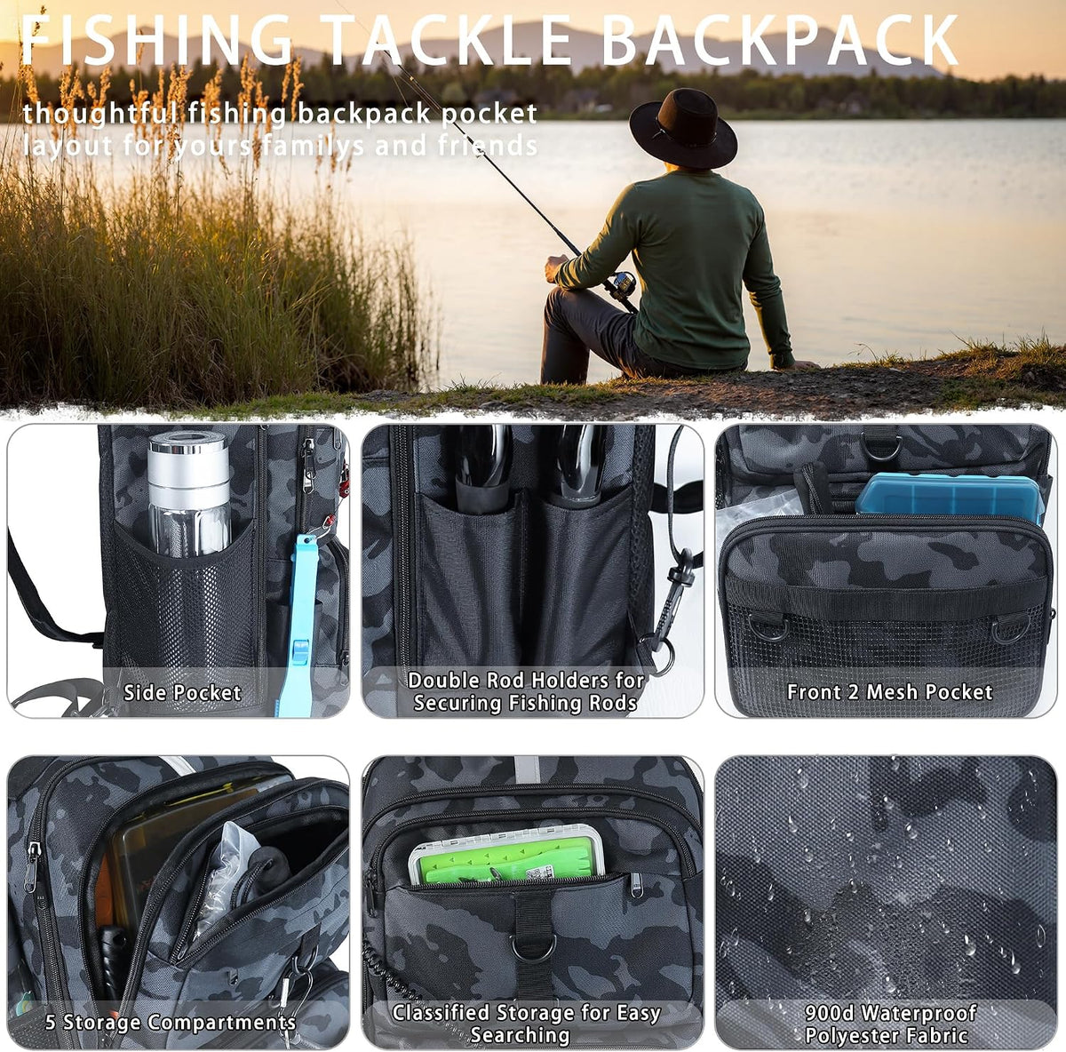 Fishing Backpack with Tackle Boxes and Rod Holder, Fish Lure Kit and Tool