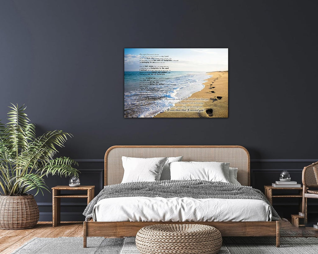 Footprints in the Sand Canvas Prints Wall Art, Footprints in the Sand Wall Art Decor, Inspirational Christian Poem Wall Poster Gift, Beach Picture Wall Art for Living Room Beach Office 28"Hx40"WInches