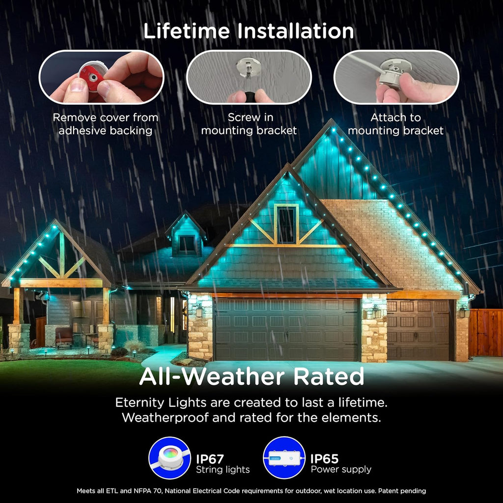 Enbrighten Eternity Permanent Outdoor Lights, 50ft with 36 RGBWIC LED Lights, App‑Controlled, Cuttable, Christmas, Accent & Year‑Round Eave Lighting, Works with Alexa & Google Home, 81102