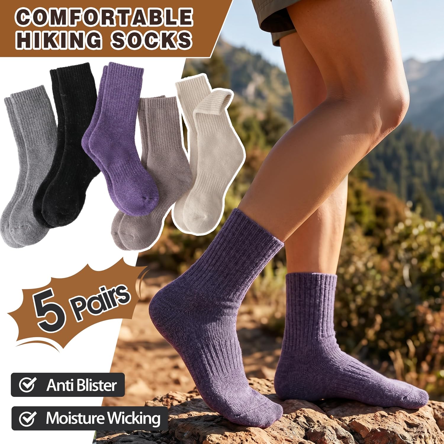 MOGGEI 5 Pairs Womens Merino Wool Socks Hiking Warm Winter Thick Thermal Crew Cozy Cabin Ladies Gift Comfy Boot Work Socks