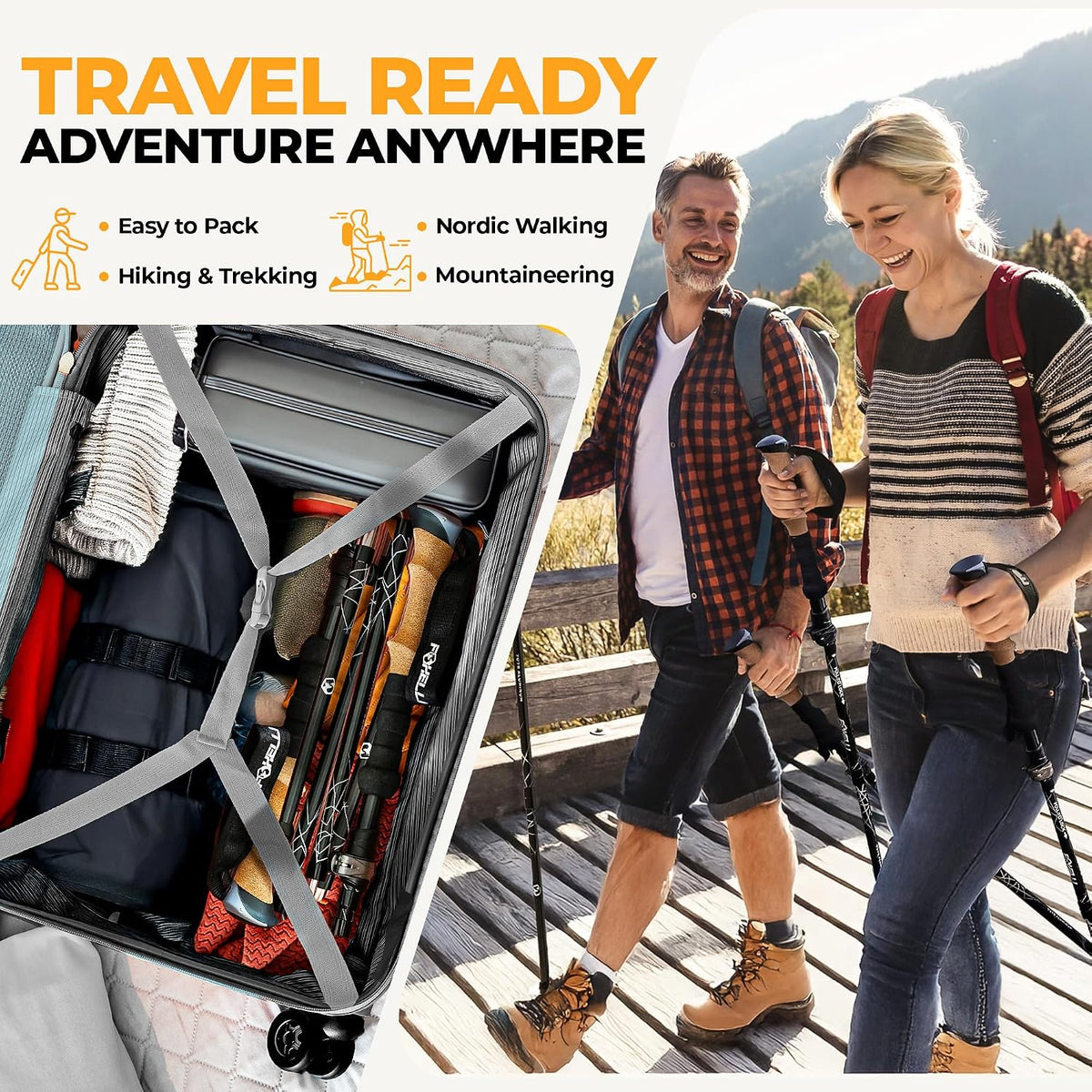 Foxelli Lightweight Trekking Poles – Compact Walking Sticks with Quick Locks, Ergonomic Cork Grip & All-Terrain Accessories – Adjustable Collapsible Poles for Travel & Hiking