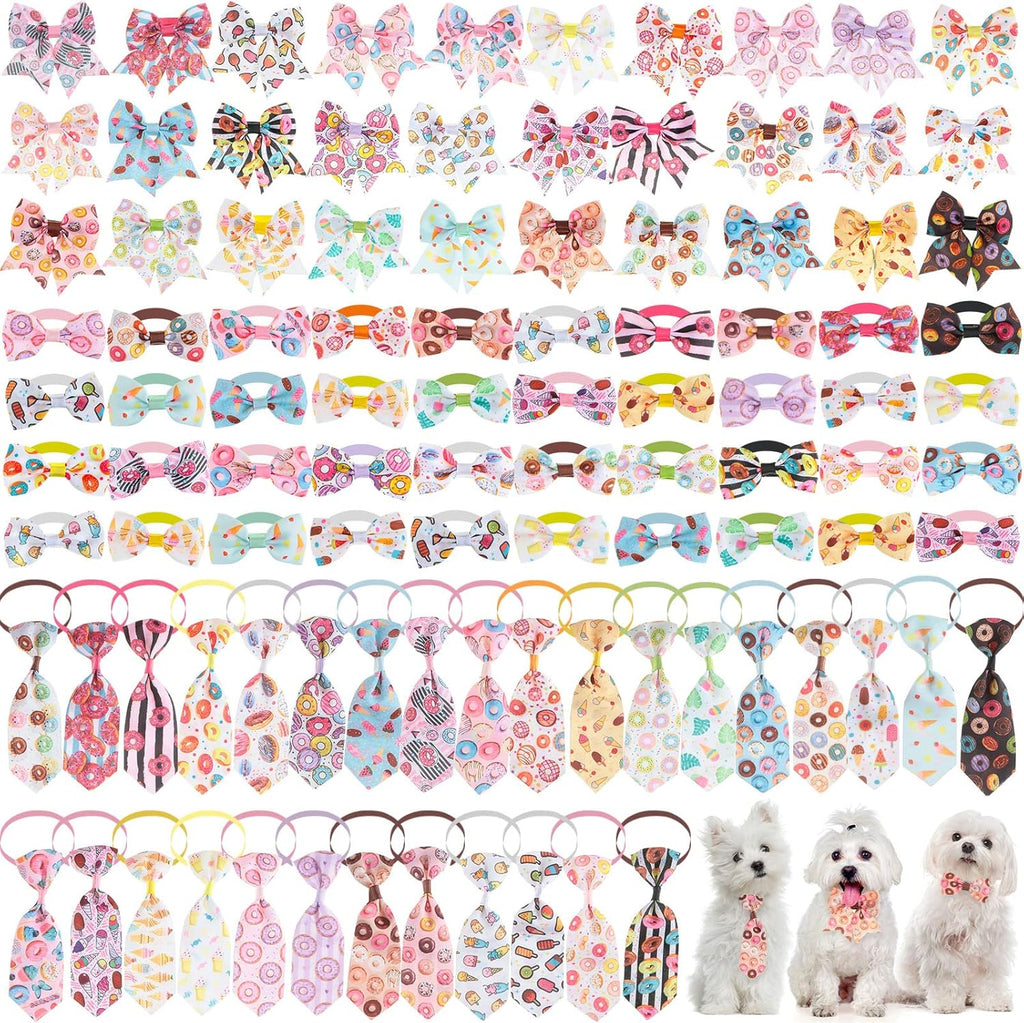 Reginary 100 Pieces Dog Bow Tie Collar Set Include 40 Dog Neckties, and 30 Puppy Bowties, 30 Collar Flowers, Adjustable Pet Ties Grooming for Small Medium Cats Pets Supply(Paw Bone)