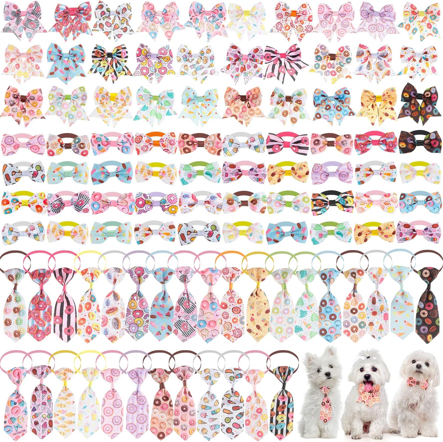 Reginary 100 Pieces Dog Bow Tie Collar Set Include 40 Dog Neckties, and 30 Puppy Bowties, 30 Collar Flowers, Adjustable Pet Ties Grooming for Small Medium Cats Pets Supply(Paw Bone)
