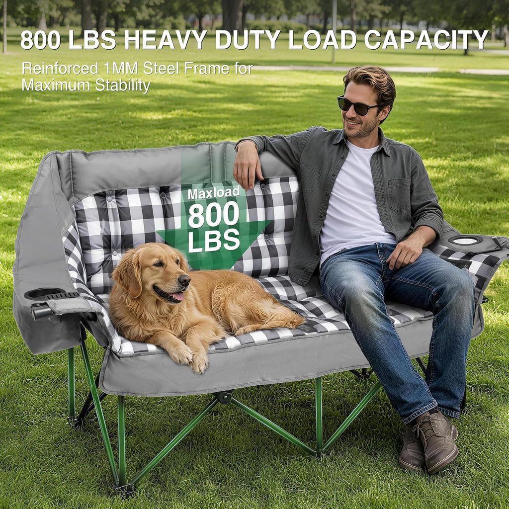 HOPERAN Double Camping Chair 800lbs Camping Couch Folding Loveseat, Grey