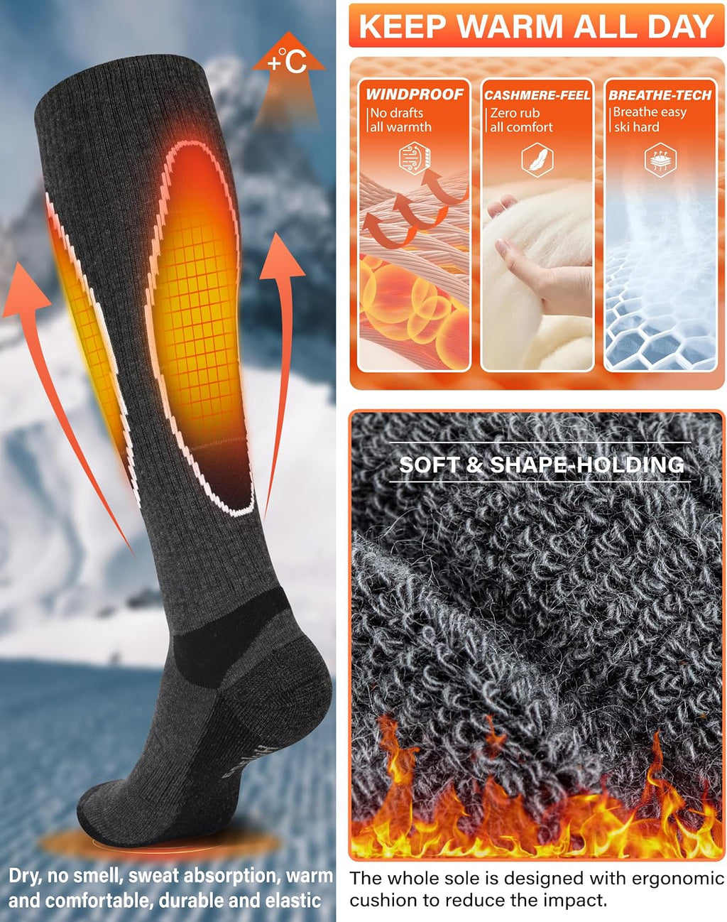 Hylaea Unisex Knee High Merino Wool Ski Snowboard Socks, Cushioning & Warm