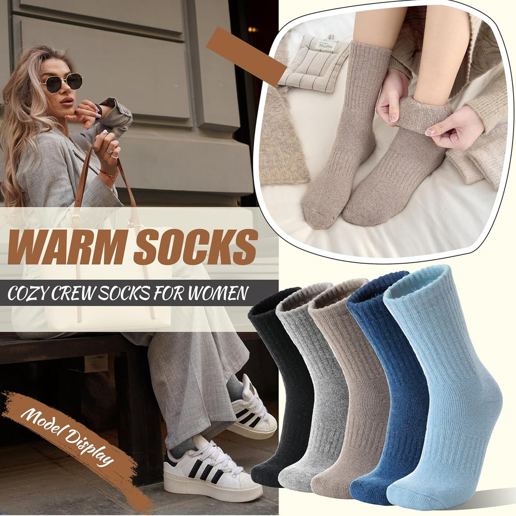 EBMORE 5 Pairs Women Merino Wool Boot Socks Warm Thermal Winter Thick Hiking Cozy Cabin Crew Comfy Socks for Ladies