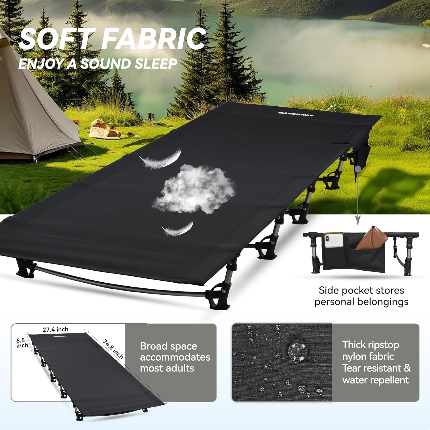 MARCHWAY Ultralight Folding Tent Camping Cot Bed, Portable Compact for Outdoor Travel, Base Camp, Hiking, Mountaineering, Lightweight Backpacking (Black)