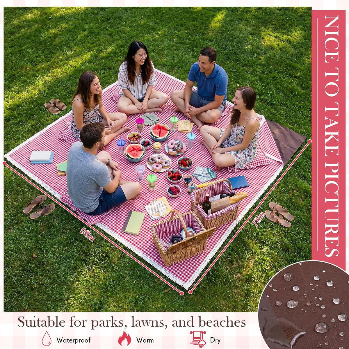 Boao Extra Large Picnic Blanket, 98" x 78" Red Gingham Picnic Blanket Set