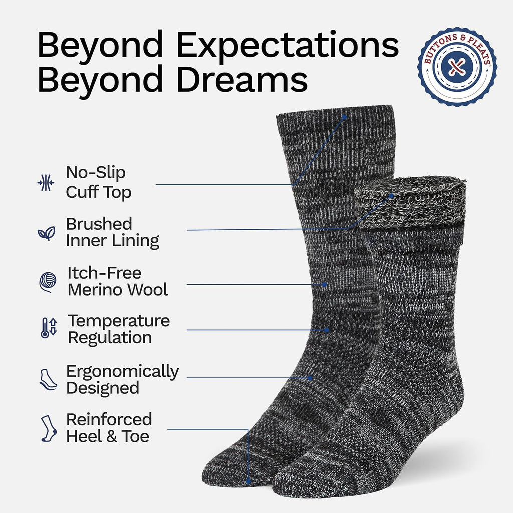 Buttons & Pleats Wool Socks for Men & Women Merino Thermal Warm Cozy Winter Boot Sock