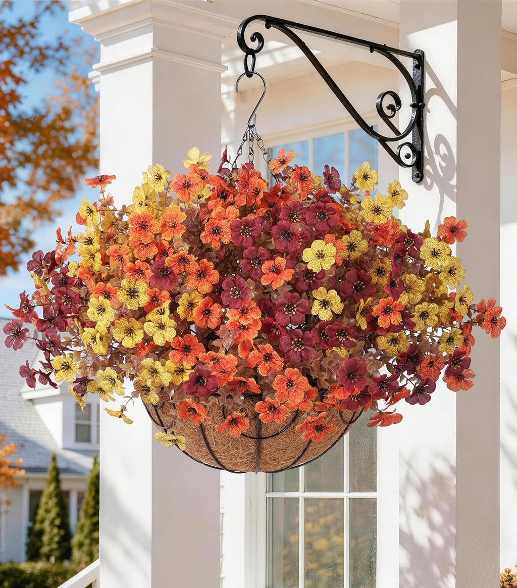HyeFlora 2 Set Artificial Outdoor Faux Fall Mums Hanging Flowers Plants Basket Outside, 14 Bundles Fake Silk Daisy Fern in Planter UV Resistant for Autumn Porch Balcony Patio Yard Decor, 3 Colors Mix