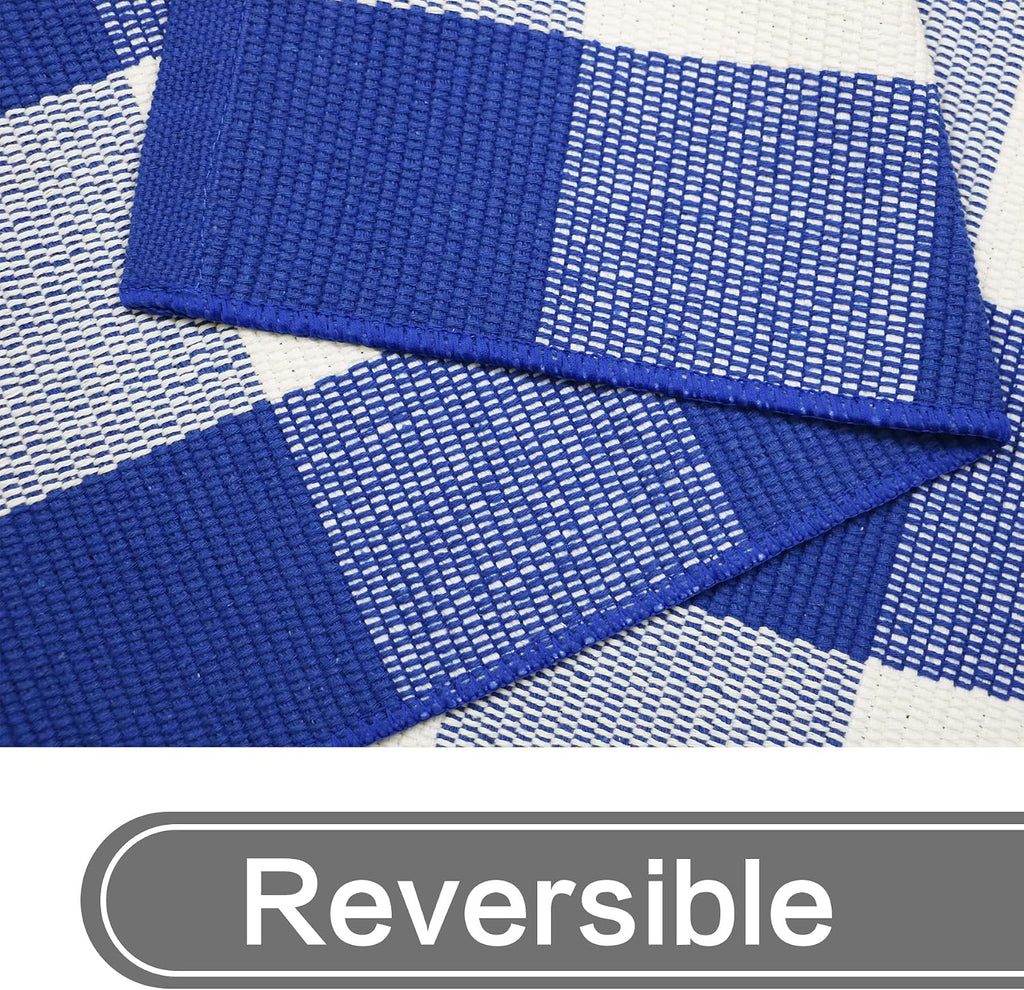MUBIN Cotton Buffalo Plaid Rug, 3' x 5' Blue White Outdoor Rug Front Door Decorative Mat, Washable Doormat Hand-Woven Foldable Area Rug Layered Door Mats Rug for Front Porch, Entryway, Patio