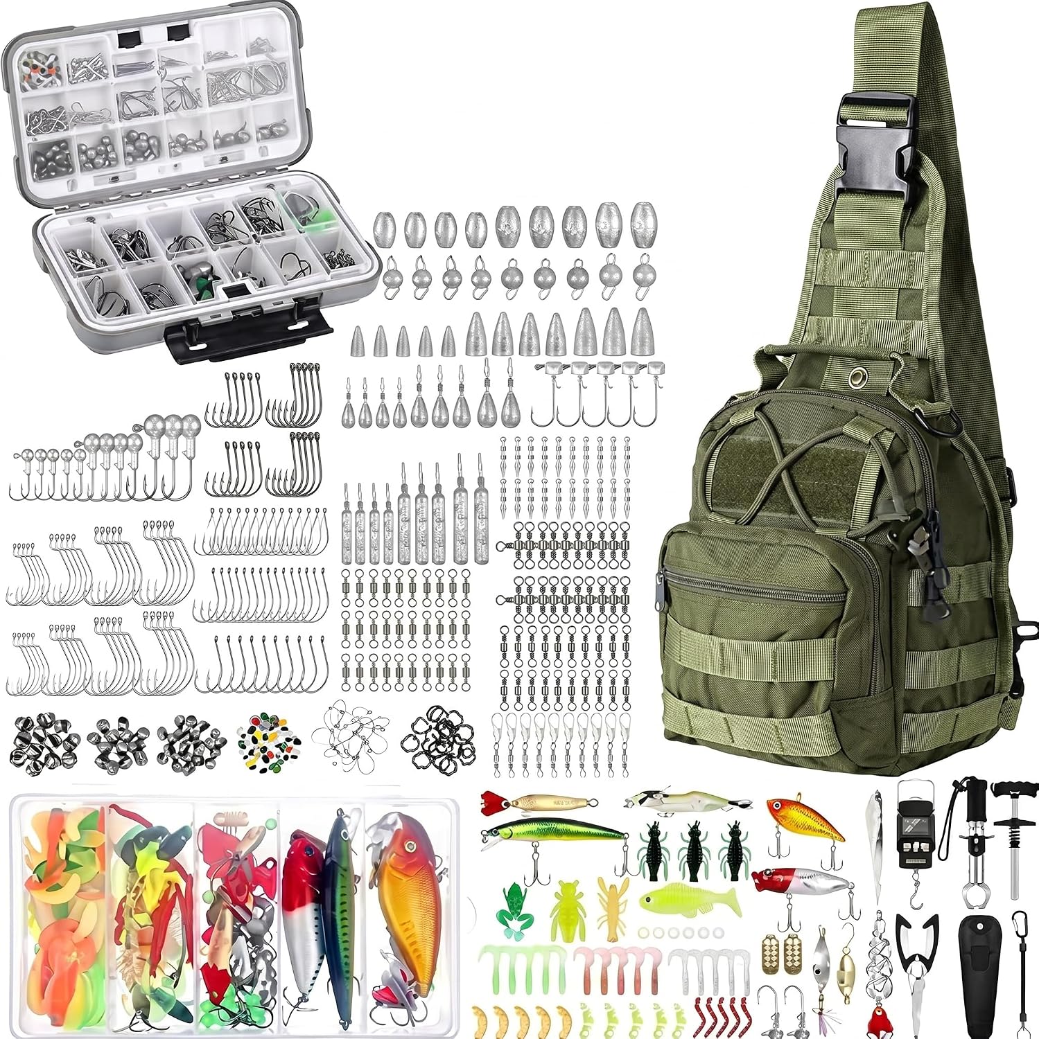 Sosation 482 Pcs Fishing Sling Tackle Bag Set Fish Tackle Box Backpack Storage Fishing Gear and Equipment Included Fish Hook Remover Tool Lures Lip Gripper, Gift for Men
