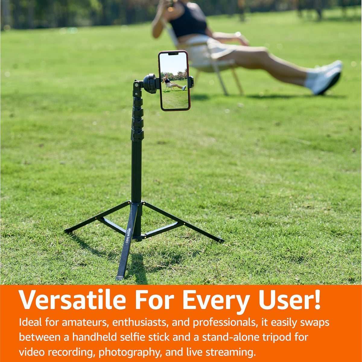 Amazon Basics 64-inch Extendable Tripod for iPhones and Smartphones, Selfie Stick Mode and Phone Tripod Mode, Black