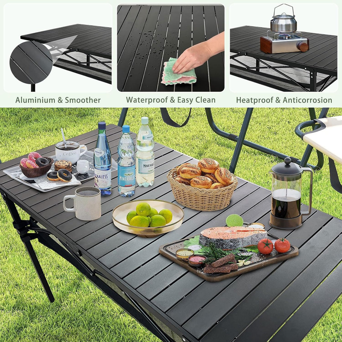 Large Folding Camping Table Aluminum with Storage for 4-6 People 55"X27.5" Roll Up Tall Outdoor Portable Table Lightweight with Carry Bag for Picnic BBQ Backyard Beach