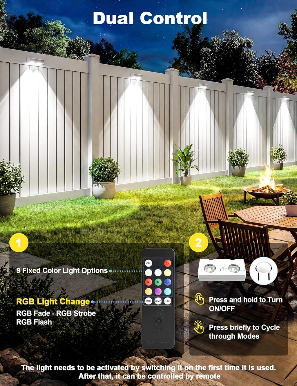 JOFIOS Fence Lights Solar Powered with Remote, 9 Fixed Colors ＆ Color Changing White Fence Lights Waterproof IP65 Dusk-to-Dawn LED Deck Lighting for Patio, Railing, Pool, Porch, Backyard, 12 Pack