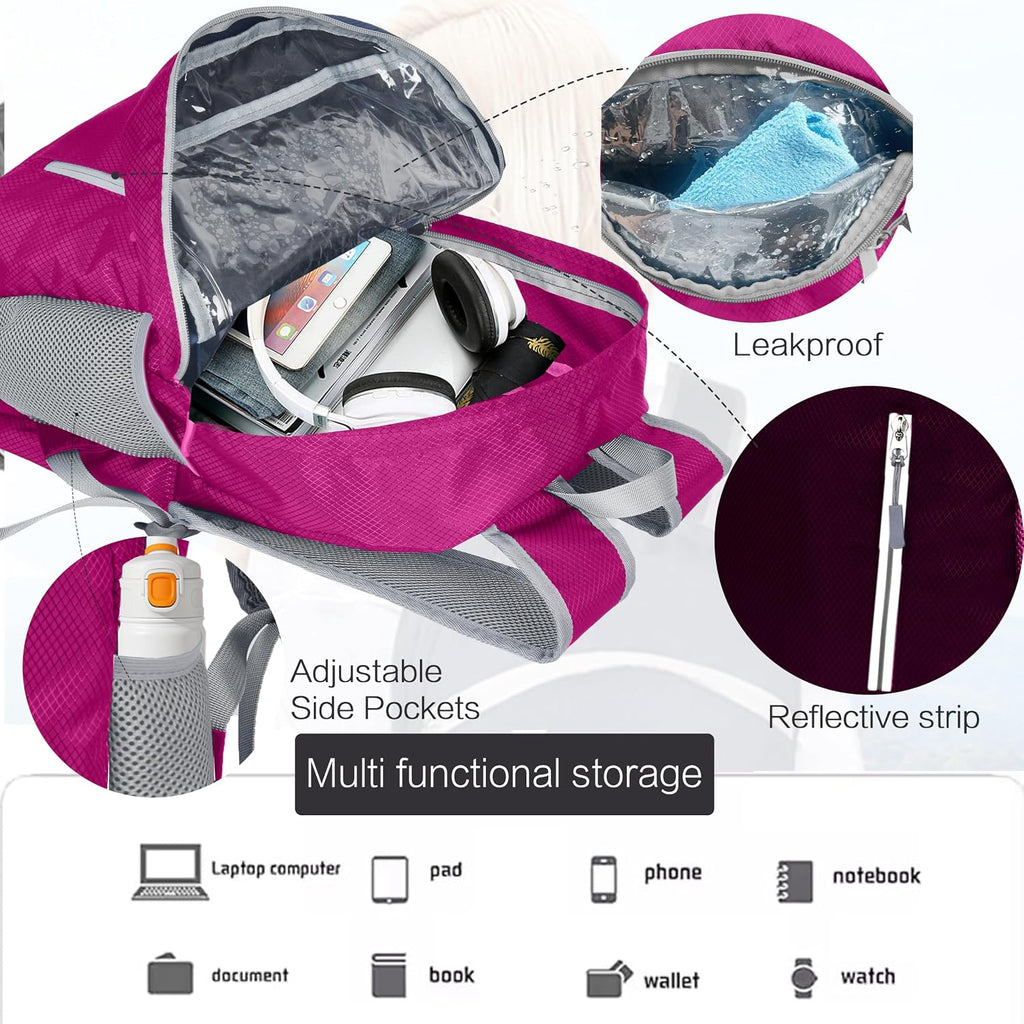 Waterproof Foldable Hiking Backpack, Lightweight Beach Bag DarkPink