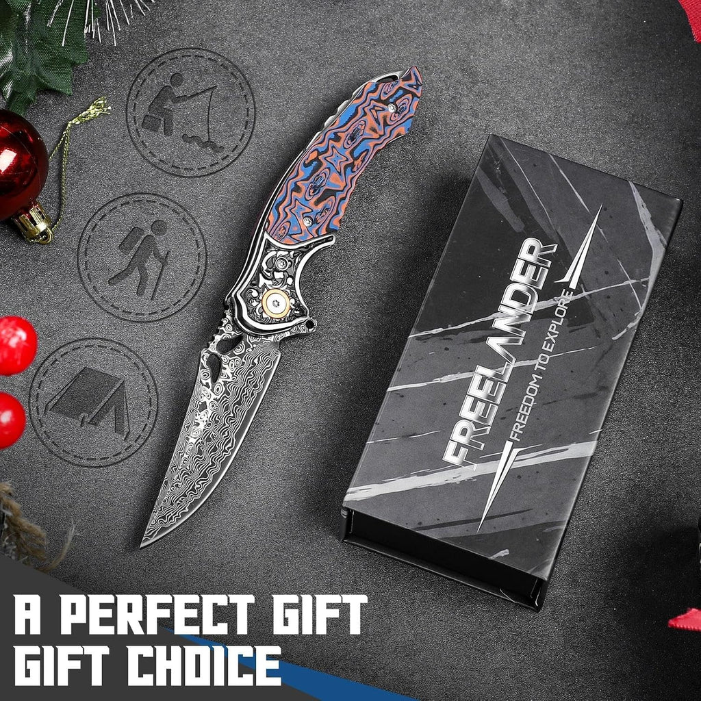 Freelander Damascus Folding Pocket Knife with G10 Handle - Gifts for Men
