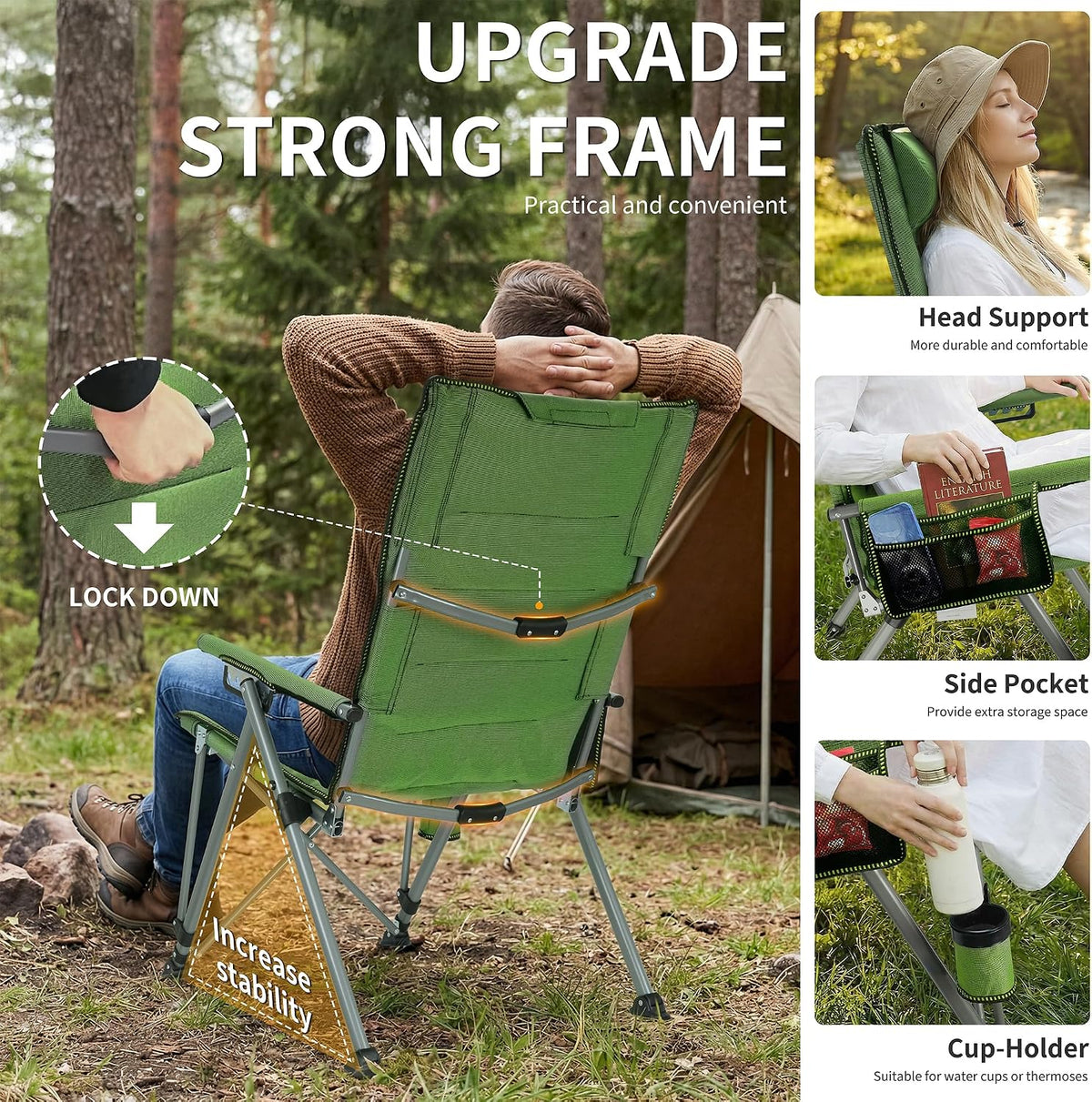 Heavy Duty Folding Camping Chair for Camp, Picnic, Lawn, Fishing (Green, Adjustable)