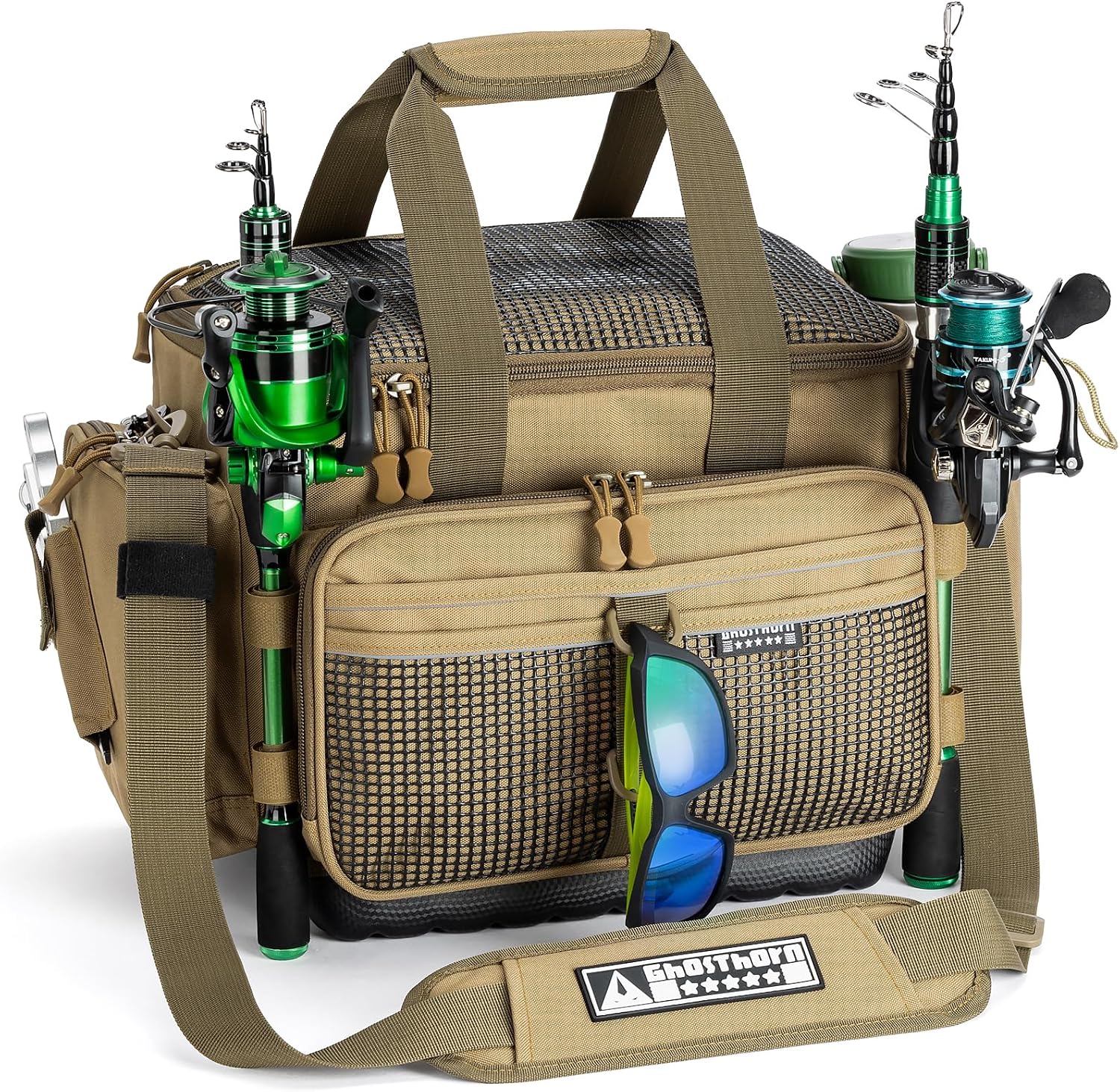 Ghosthorn Large Fishing Tackle Bag with Rod Holder Waterproof Gear Storage