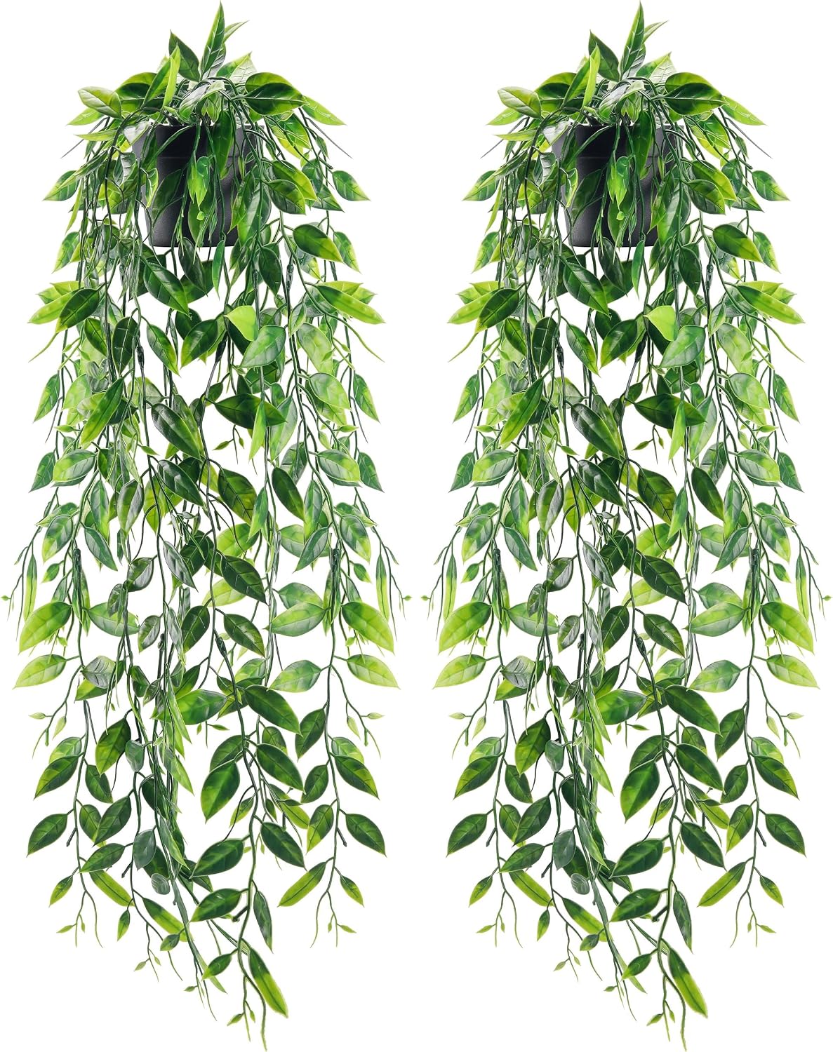 Der Rose 2Pcs Fake Hanging Plants with Black Pot for Bathroom Shelf Decor | Boho cascading eucalyptus and mandala vine creates a modern natural accent, adding depth to office, bookcase, bedroom decor