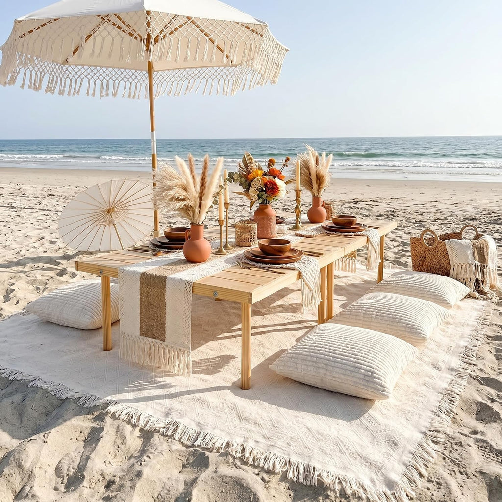 Beeveer 8 Pcs Cream White Picnic Kit, 91x71'' Extra Large Outdoor Boho Picnic Blanket, Low Table Runner, 6 Throw Pillow Cover, Woven Cotton Yarn Oversize Washable Beach Blanket for Camp Wedding Garden