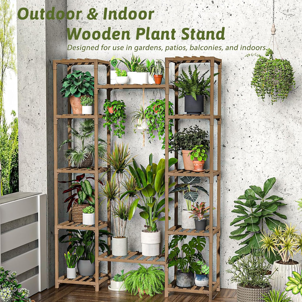 GENTINGBRO Plant Stand Indoor Outdoor 62.2“ Tall Plant Shelf Large Tiered Flower Stands for Multiple Display Wood Hanging Planter Holder for Living Room Garden Balcony Patio Decor