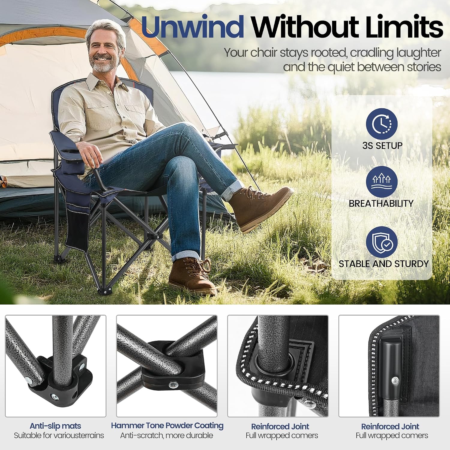 WEIDIORME 2 Pack Heavy Duty Oversized Camping Chair for Adults 400lbs w/Lumbar Support - Folding Chairs with Side Pocket, Cup Holder & Cooler Bag for Beach, Fishing, Lawn, Backyard Navy Blue
