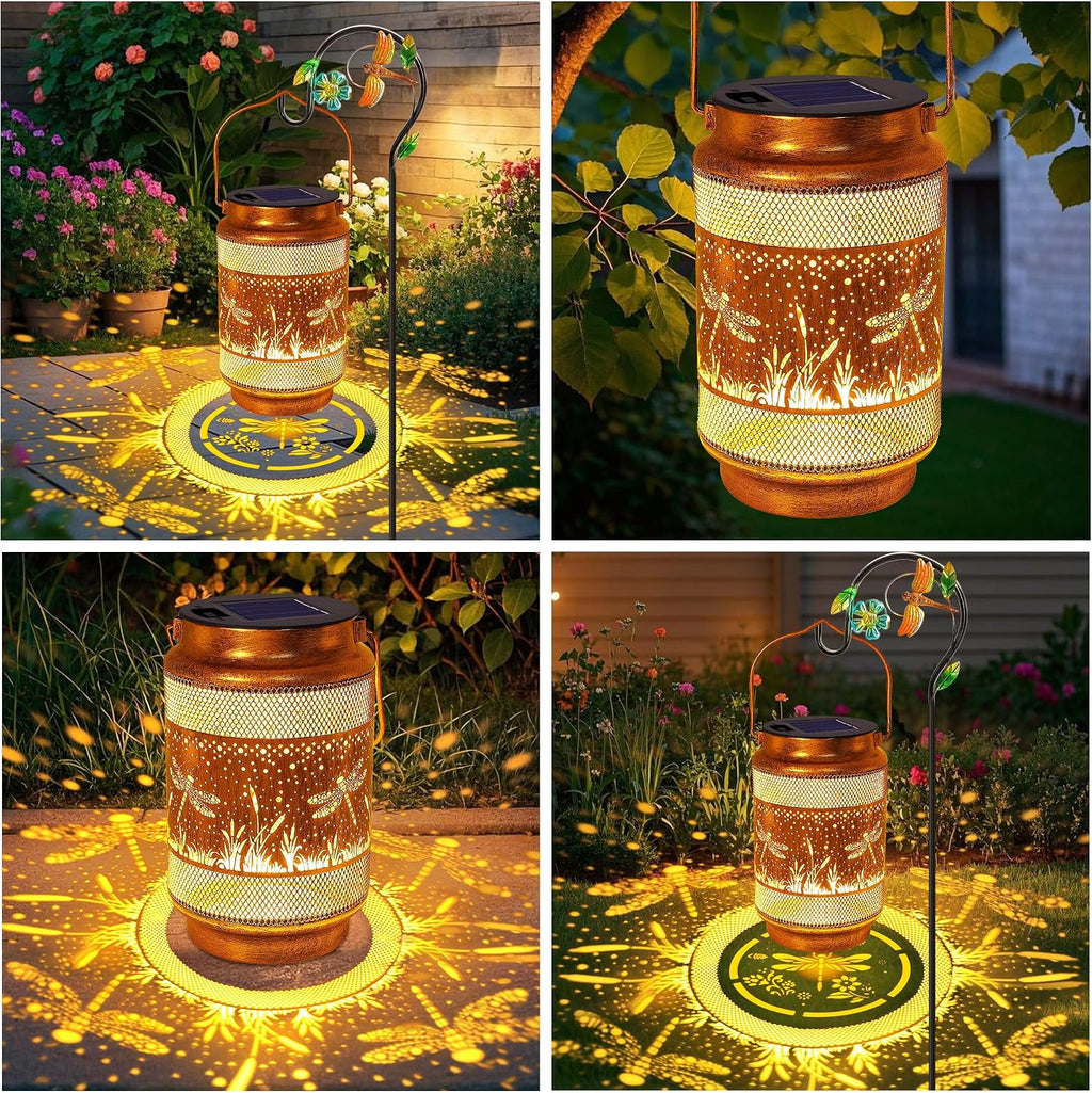 2 Pack Dragonfly Solar Lanterns Outdoor Waterproof Solar Garden Decor, Birthday Gifts for Women Mom Grandma, Metal Hanging Lights with Shepherd Hook for Outside Yard Patio Pathway Porch