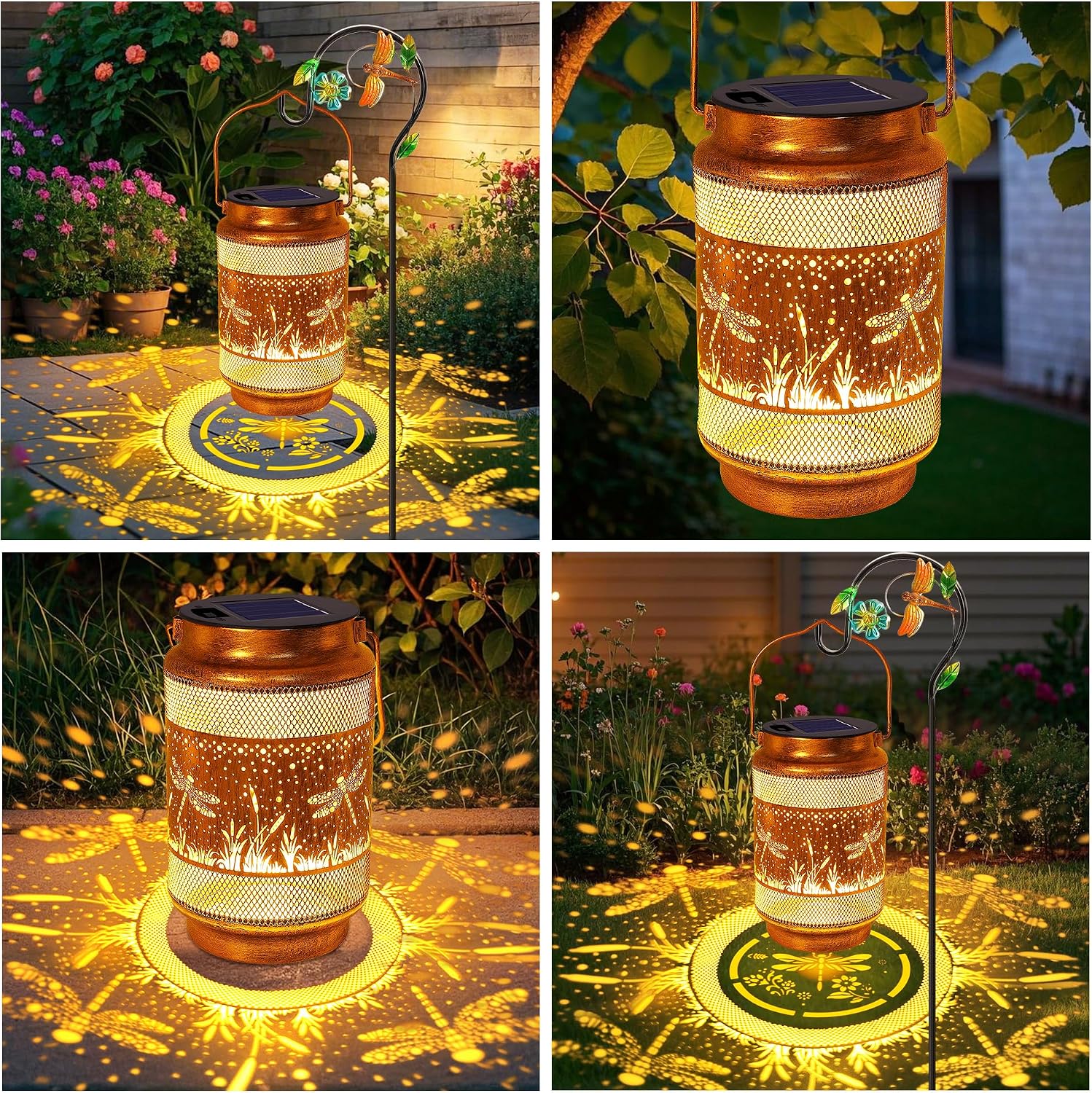 2 Pack Dragonfly Solar Lanterns Outdoor Waterproof Solar Garden Decor, Birthday Gifts for Women Mom Grandma, Metal Hanging Lights with Shepherd Hook for Outside Yard Patio Pathway Porch