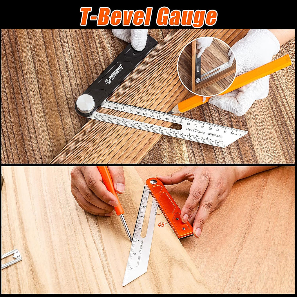 4Pcs Woodworking Tools -7''Aluminum Rafter Square,12''Adjustable Protractor Angle Finder,10'Woodworking Square Ruler and T-Bevel Gauge-1/16 Precision…