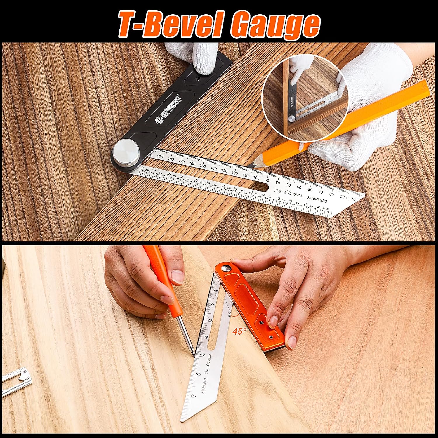 4Pcs Woodworking Tools -7''Aluminum Rafter Square,12''Adjustable Protractor Angle Finder,10'Woodworking Square Ruler and T-Bevel Gauge-1/16 Precision…