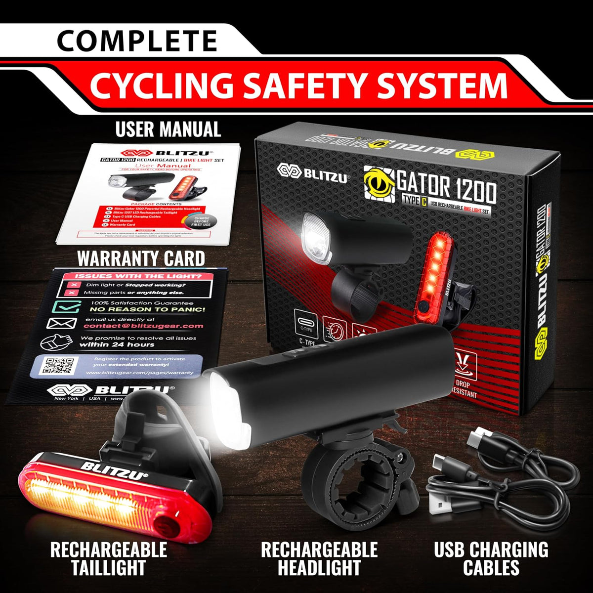Bike Lights Set 1200 Lumen, USB Rechargeable LED Bicycle Front Rear Lights
