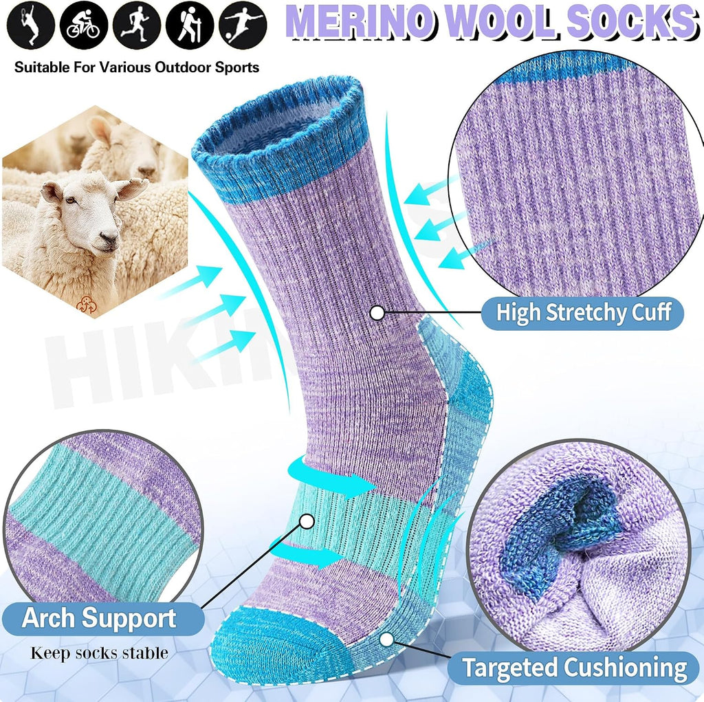 Merino Wool Hiking Socks Thermal Warm Winter Cozy Cushioned Moisture Wicking Crew Socks for Women 5 Pairs