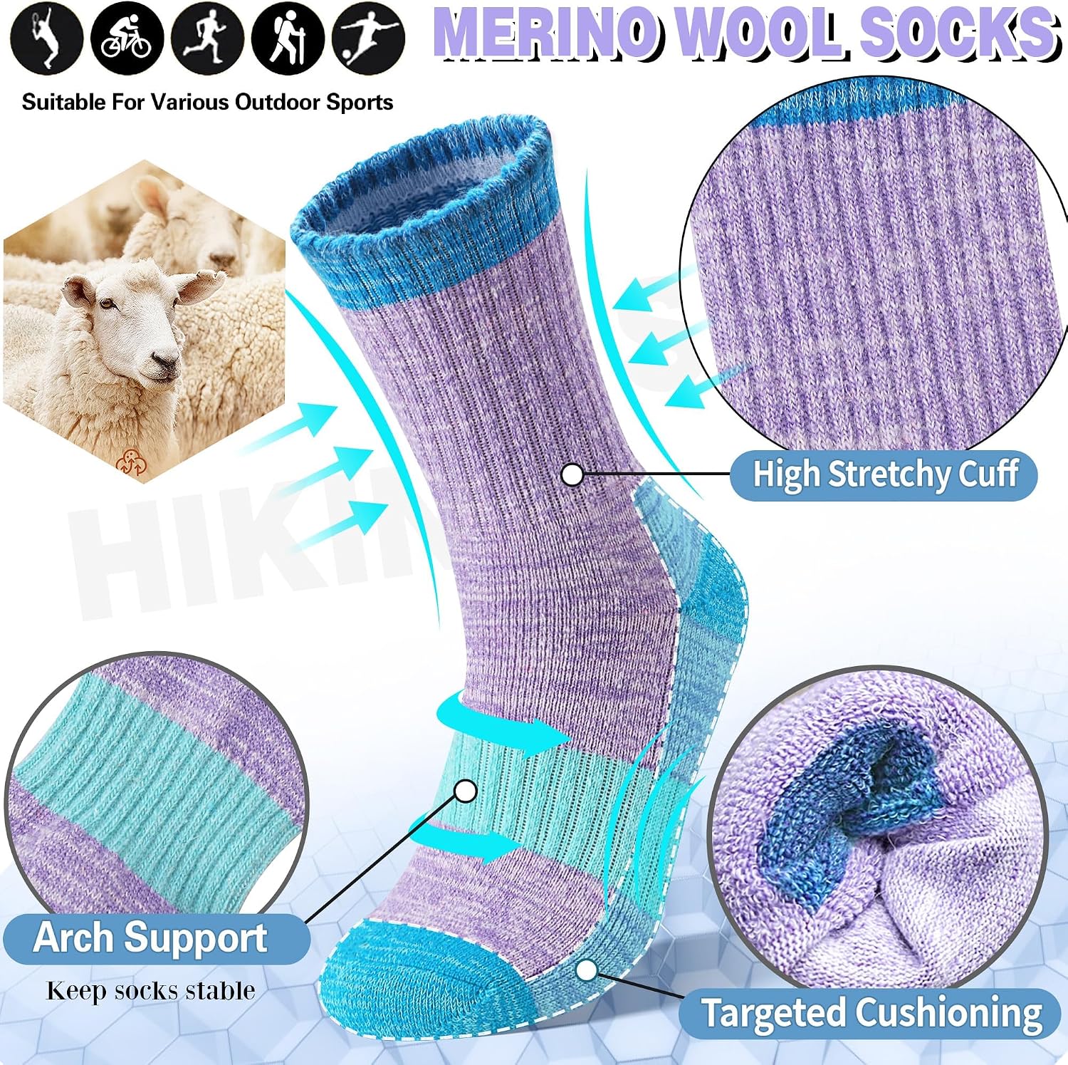 Merino Wool Hiking Socks Thermal Warm Winter Cozy Cushioned Moisture Wicking Crew Socks for Women 5 Pairs