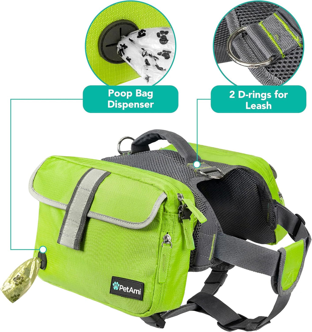 PetAmi Dog Backpack for Medium Large Dogs, Hiking Saddle Bag, Green