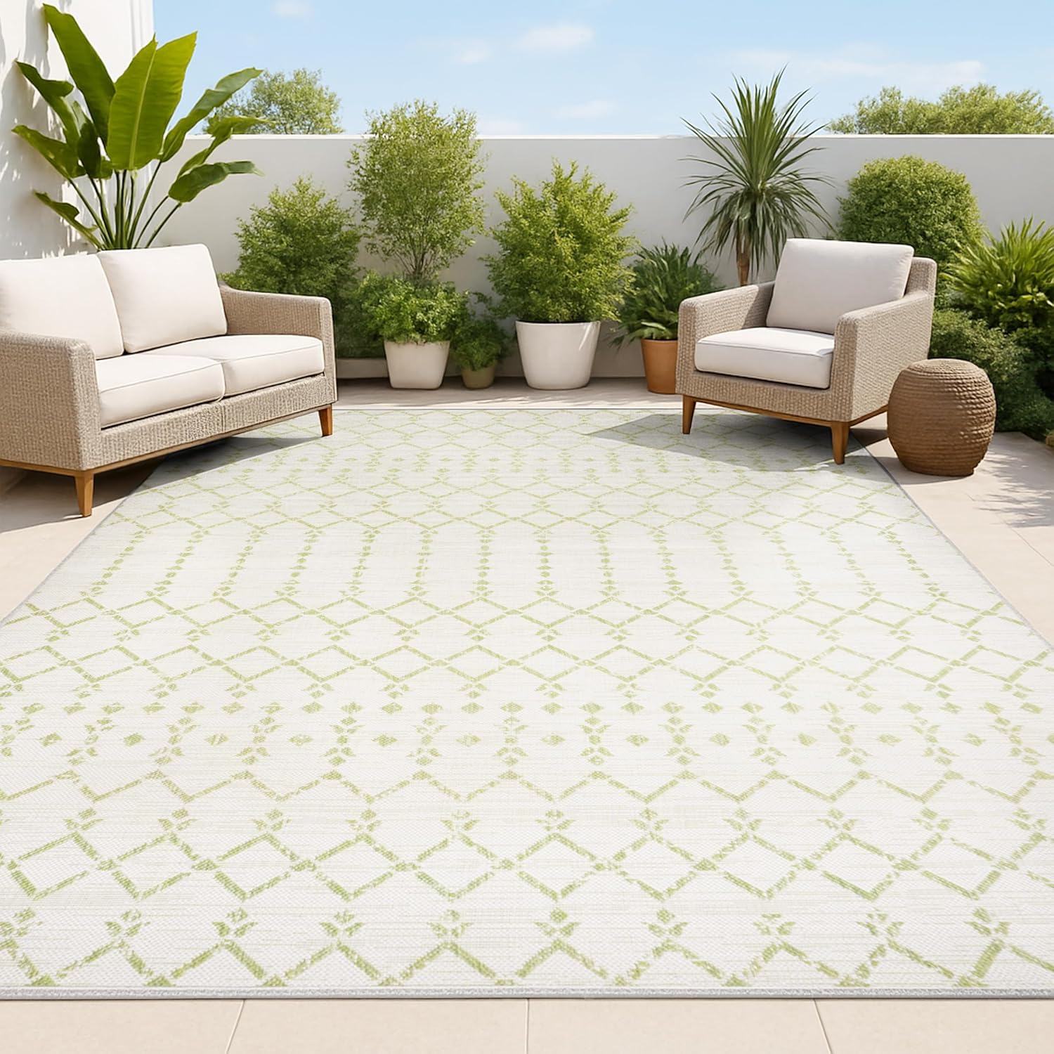 JONATHAN Y Moroccan Geometric Indoor Outdoor Runner Rug 2X8 Cream/Green, Ourika Textured Weave for Backyard, Patio, Porch, Easy-Cleaning, High Traffic, Pet-Friendly, Non-Shedding (SMB108M-28)