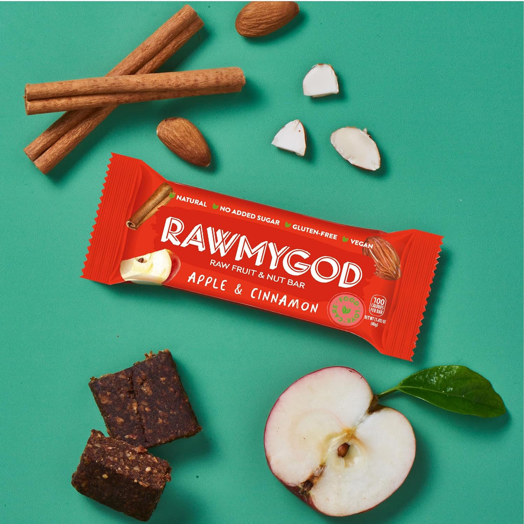RAWMYGOD Fruit and Nut Bars, Gluten Free, Vegan, No Added Sugar (16 bars, Apple & Cinnamon)