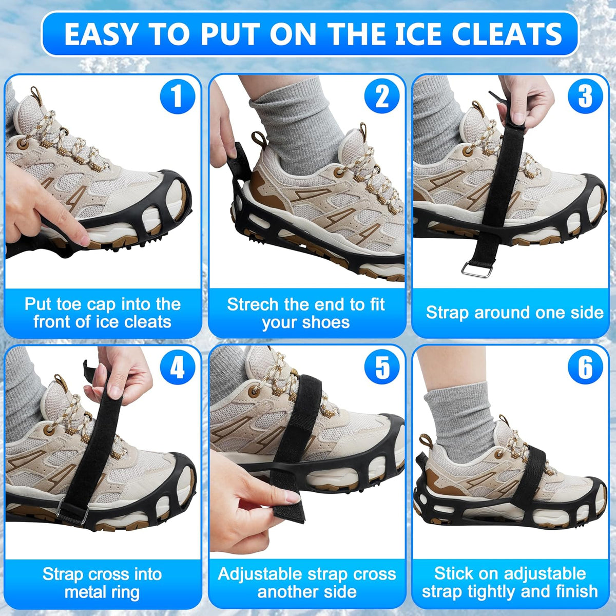 Ice Cleats for Shoes and Boots Walk Traction Crampons Anti Slip 24 Studs Ice Snow Grippers for Women Men Kids Winter Hiking Climbing Fishing Gear