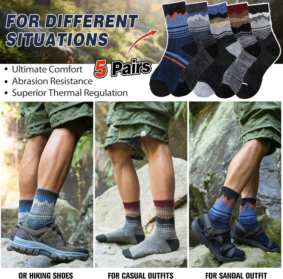Sandsuced Merino Wool Hiking Warm Socks Thermal Winter Cozy Crew Socks with Cushioned Sole & Moisture Wicking 5 Pairs for Men