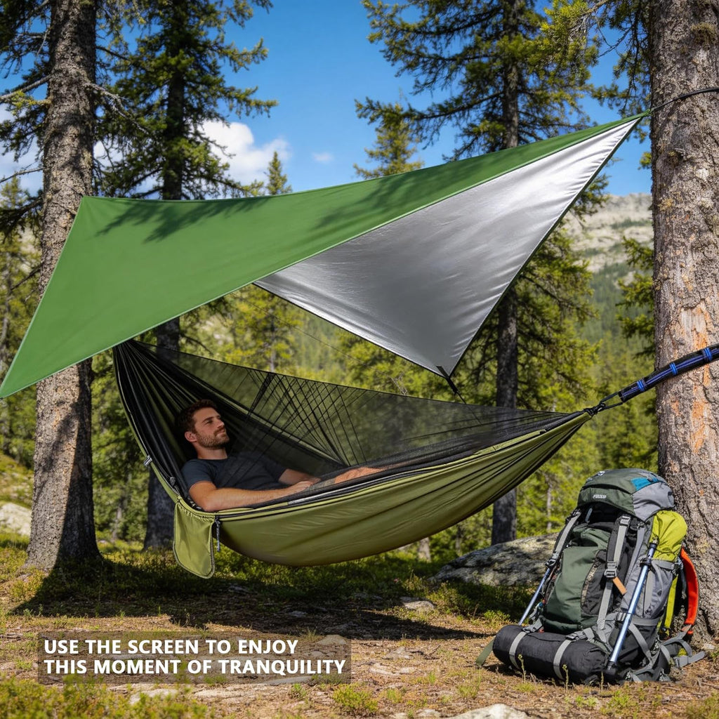 Camping Hammock with Rain Fly Tarp Mosquito Net Heavy Duty Tree Straps Portable Double Parachute Hammock Tent Waterproof Rainfly Set 660lbs Maximum Weight