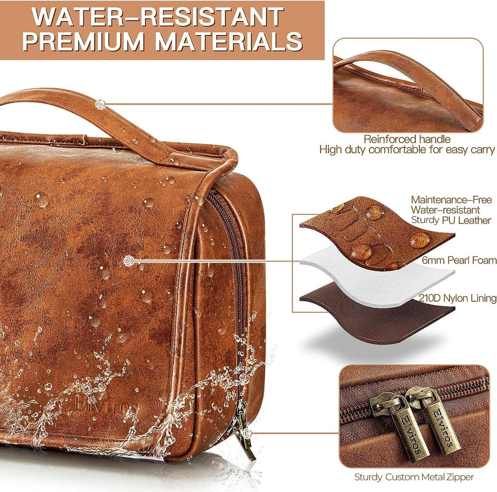 Elviros Hanging Toiletry Bag for Men PU Leather Shaving Dopp Kit (Brown)