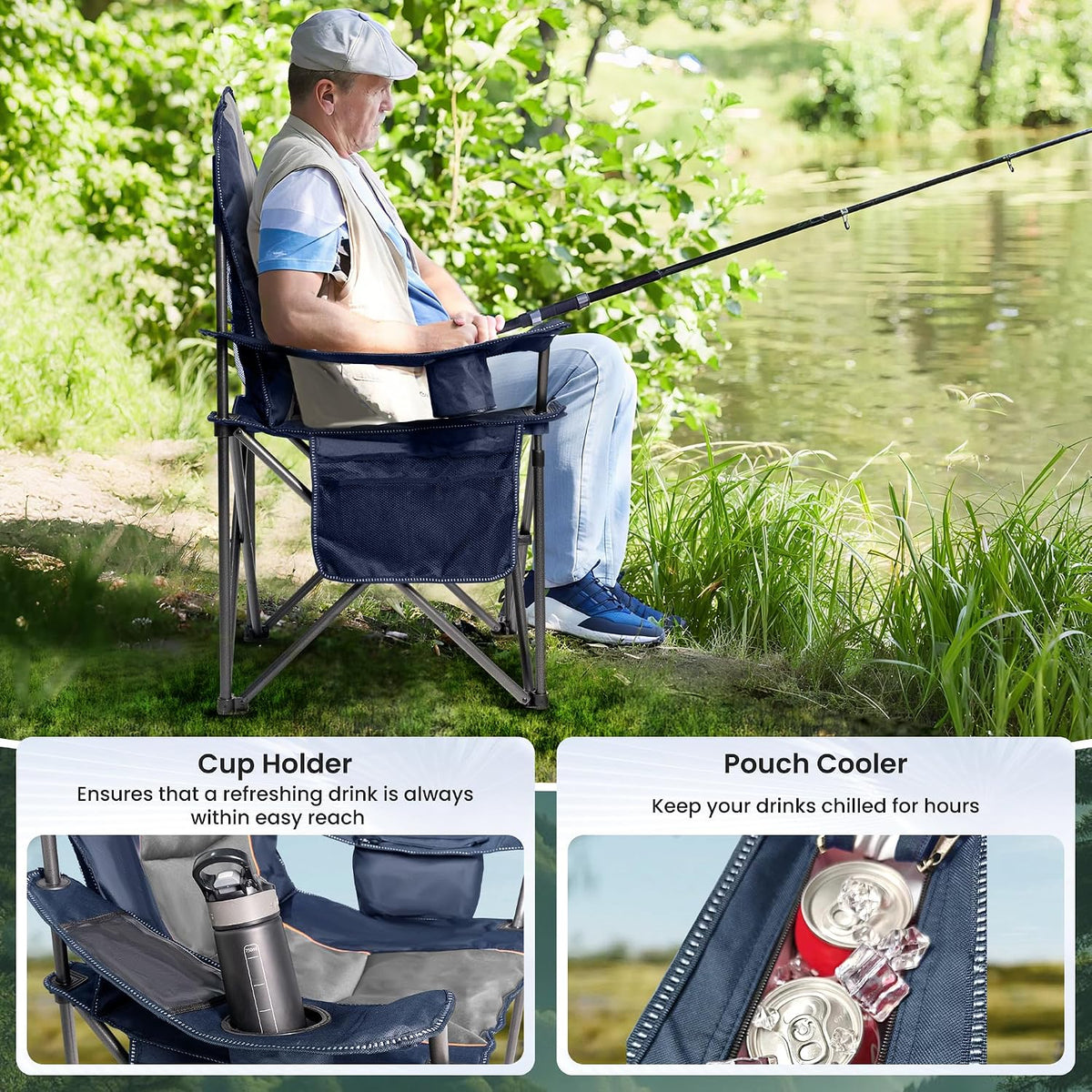 2 Pack Folding Camping Chairs for Adults - High Back Padded Outdoor Lawn Chairs with Lumbar Support & Cup Holder, 500lbs Heavy Duty Portable Camping Chairs Set (Blue & Gray, 2 PCS)