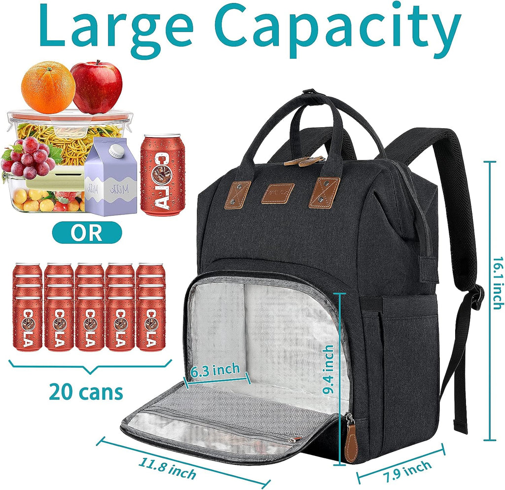 17 Inch Laptop Backpack, Large Lunch Backpack for Women Men Gifts, Travel Carry On with Lunch Box and USB Port, Insulated Cooler Bookbag Nurse Work Backpacks, Black