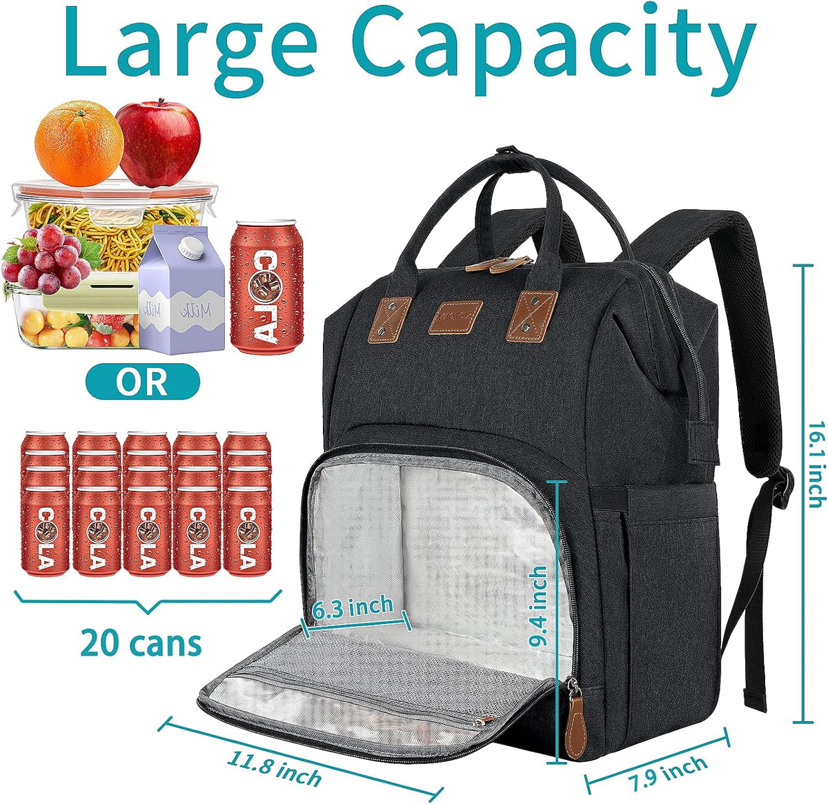 17 Inch Laptop Backpack, Large Lunch Backpack for Women Men Gifts, Travel Carry On with Lunch Box and USB Port, Insulated Cooler Bookbag Nurse Work Backpacks, Black