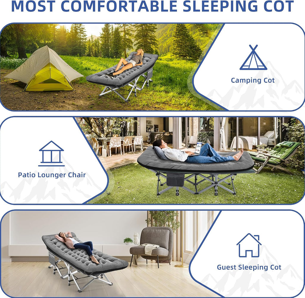 Fragess Camping Cot, Sleeping Cots for Adults, Portable Camping cots with Mattress, Pillow and Carry Bag, 1200D Double Layer Oxford, 600 LBS Weight Capacity Cots for Sleeping(Grey+Black)