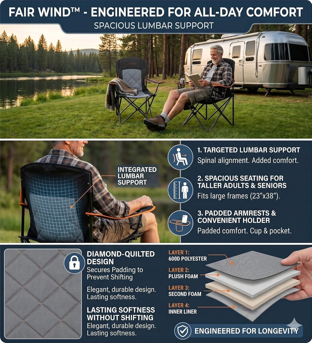 FAIR WIND Padded Oversized Camping Chair with Lumbar Support for Adults