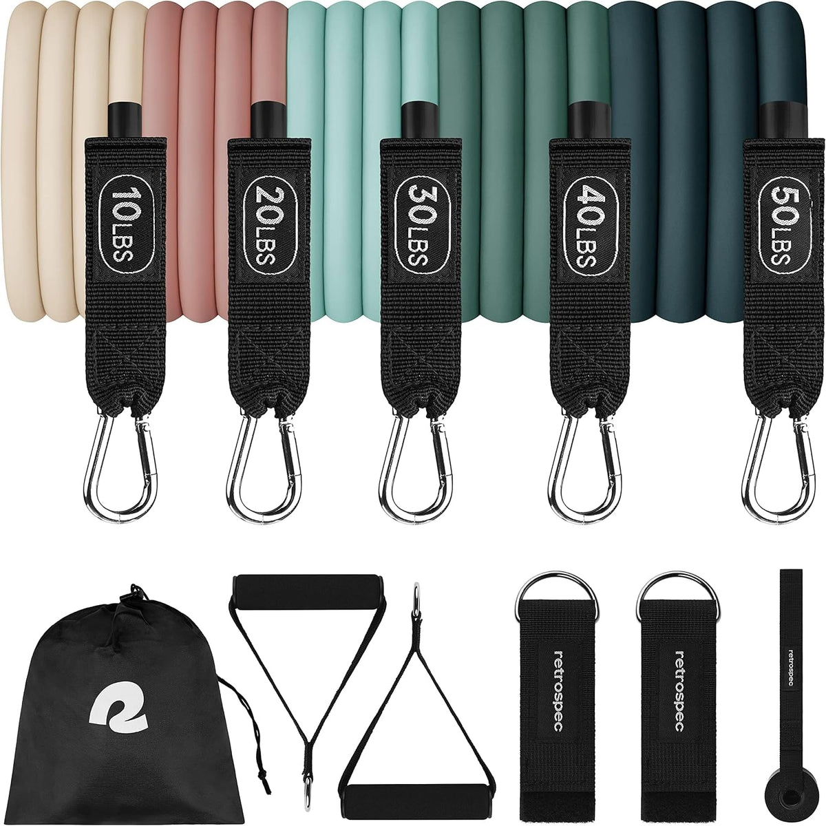 Retrospec Train Resistance Bands Set for Working Out - 5 Stackable Bands, Handles & Door Anchor - Portable Fitness Equipment for Physical Therapy & Yoga Includes Carry Bag
