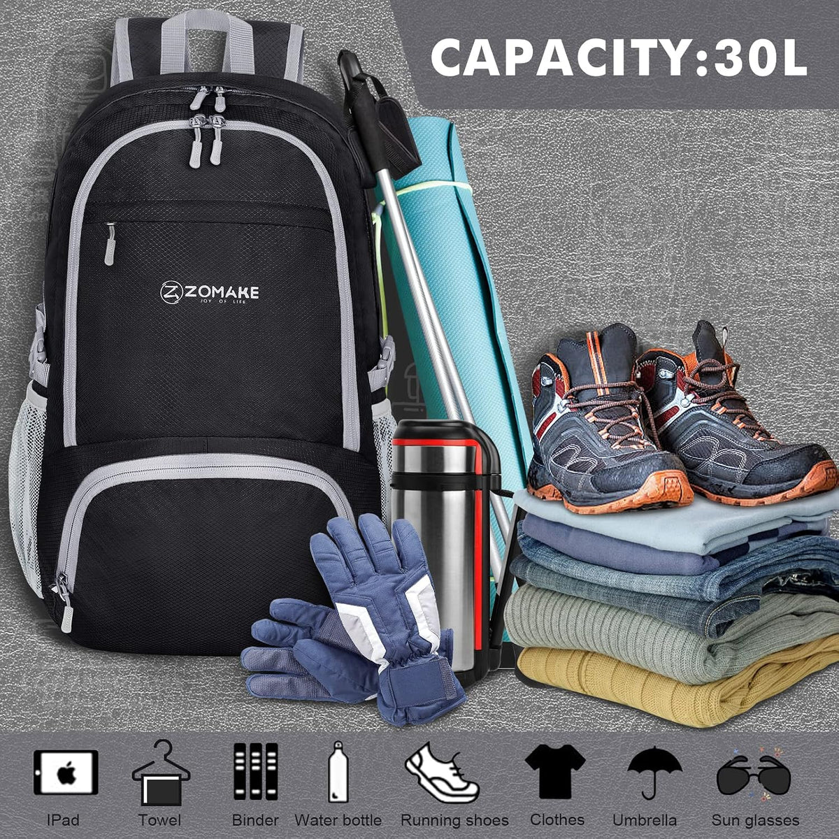 ZOMAKE Lightweight Packable Backpack 30L, Foldable Travel Hiking Daypack