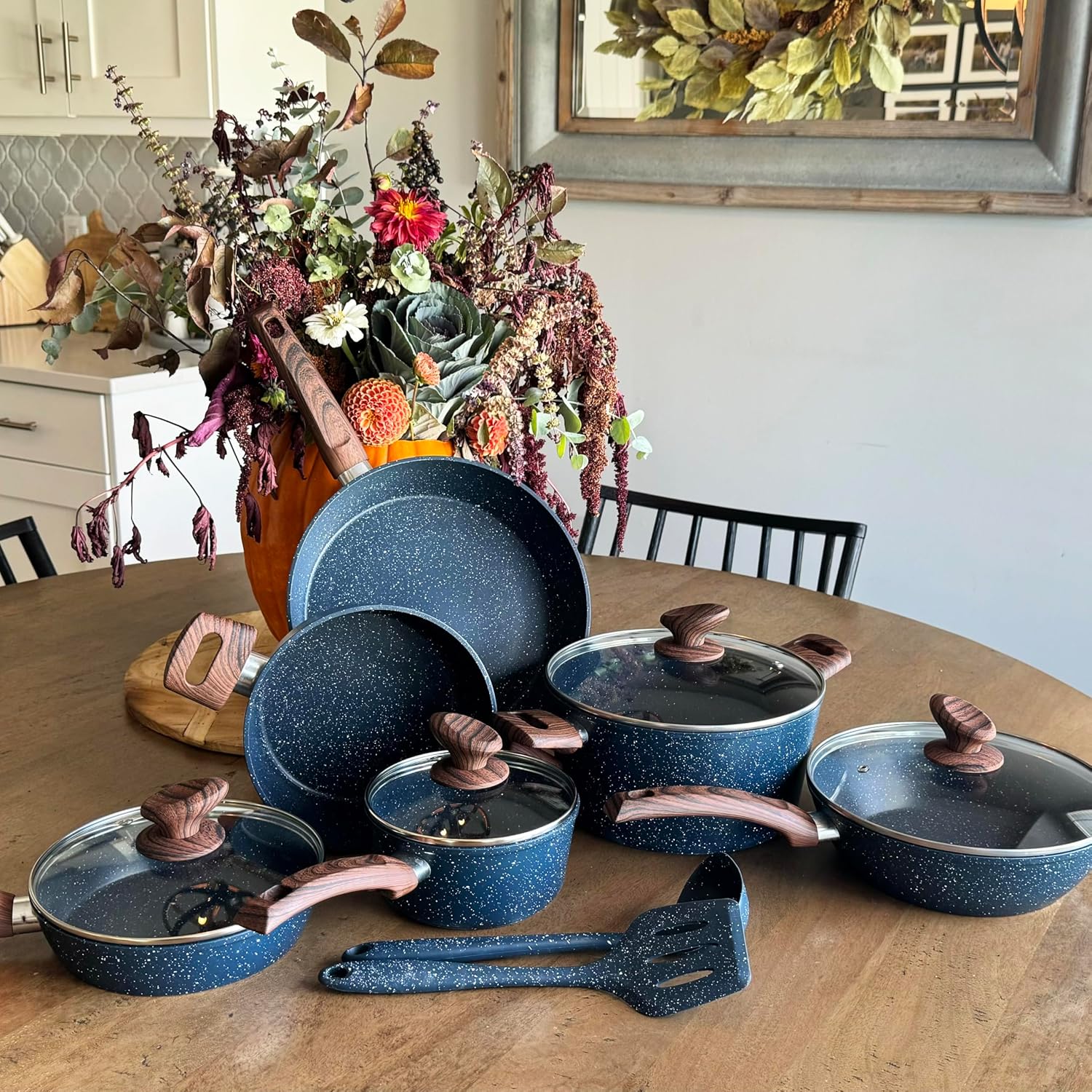 MAISON ARTS Pots and Pans Set, 12 Piece Blue Kitchen Cookware Sets Nonstick