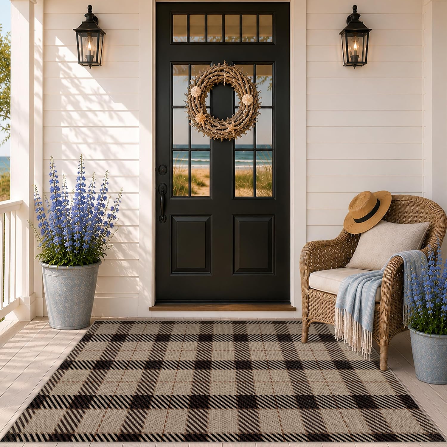 JTJ Outdoor Rug 3x5 for Front Porch, Washable Easy Jute Indoor Outdoor Rug, Non Slip Entryway Area Rug for Patio, Kitchen, Balcony, Farmhouse Black & Tan Plaid Rug